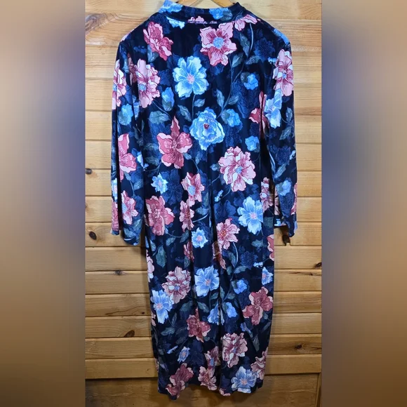 Miss Elaine Housecoat Velour Plush Full Zip Blue Floral Pockets Large Grandma - Picture 6 of 6